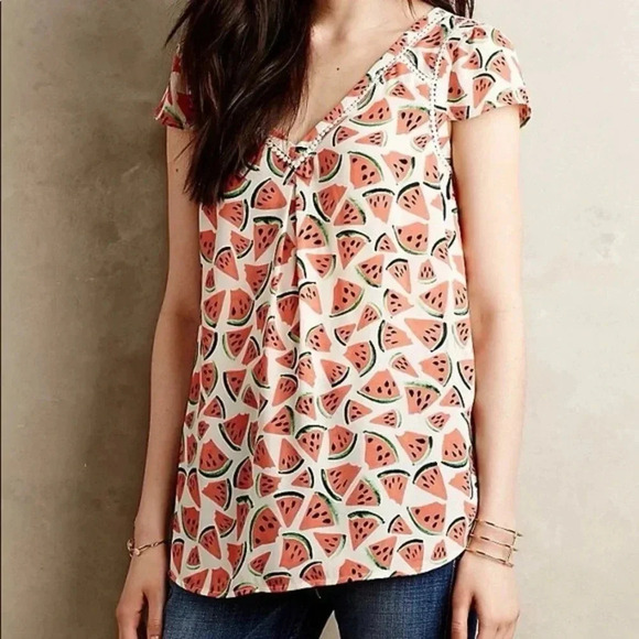 Anthropologie Maeve Picnic Days Watermelon Print Short Sleeve Top Blouse Size 0 - Picture 8 of 8